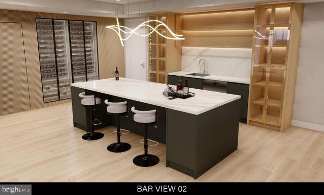 Interior, Kitchen, Pendant Lights, Recessed Lighting, Wine Storage, Wood Texture Flooring