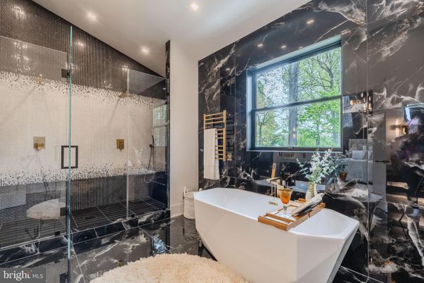 Bathroom, Free Standing Baths, Glass Shower, Interior, Marble Walls, Recessed Lighting
