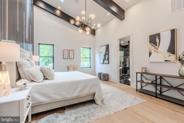 Bedroom, Interior, Pendant Lights, Recessed Lighting, Wooden Beams, Wood Texture Flooring