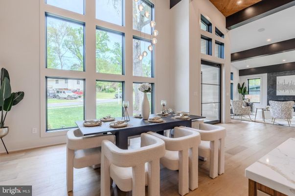 Dining room, Interior, Pendant Lights, Recessed Lighting, Wooden Beams, Wood Texture Flooring