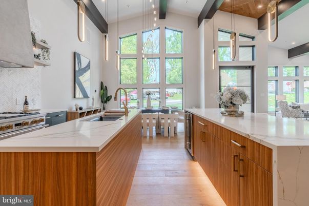 Interior, Kitchen, Pendant Lights, Recessed Lighting, Wooden Beams, Wood Texture Flooring