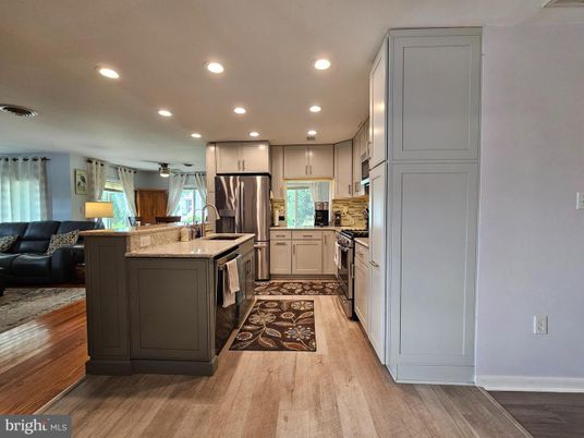 Interior, Kitchen, Recessed Lighting, Stainless Steel Appliances, Wood Texture Flooring