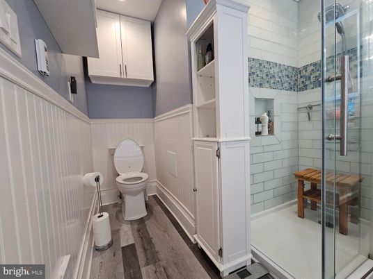 Bathroom, Glass Shower, Interior, Recessed Lighting, Wood Texture Flooring