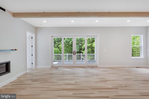 Empty room, Fireplace, Interior, Recessed Lighting, Wooden Beams, Wood Texture Flooring