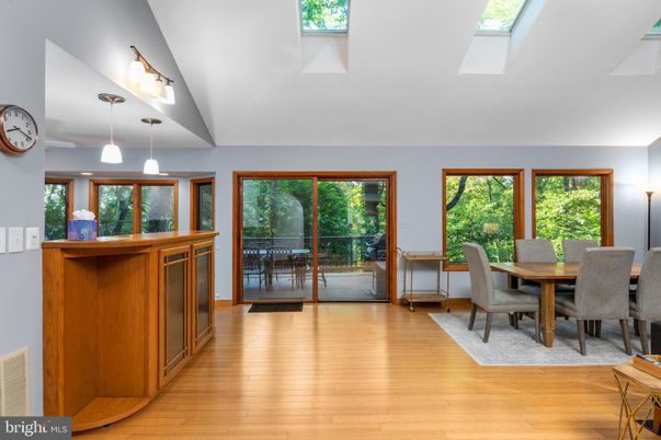Dining room, Interior, Pendant Lights, Wood Texture Flooring