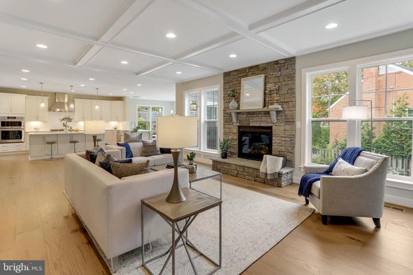 Fireplace, Interior, Kitchen, Living room, Pendant Lights, Recessed Lighting, Stone Walls, Wood Texture Flooring