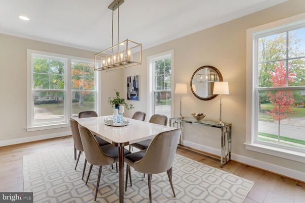Dining room, Interior, Pendant Lights, Recessed Lighting, Wood Texture Flooring