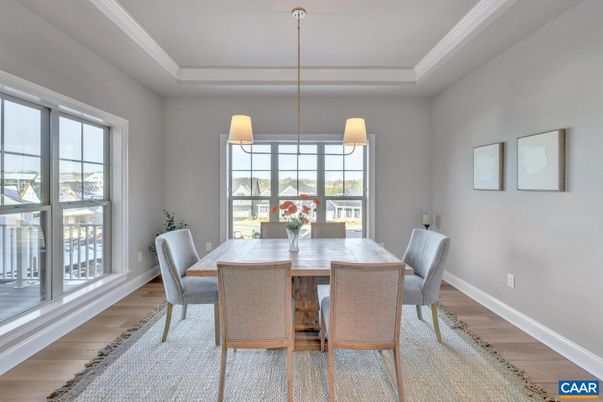 Dining room, Interior, Pendant Lights, Wood Texture Flooring