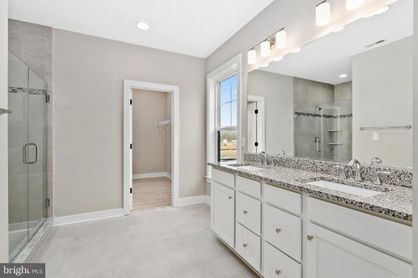 Bathroom, Dual Sink Vanities, Glass Shower, Interior, Recessed Lighting