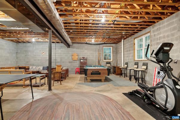 Billiard Table, Fitness Equipment, Game Room, Interior, Stone Walls, Wooden Beams