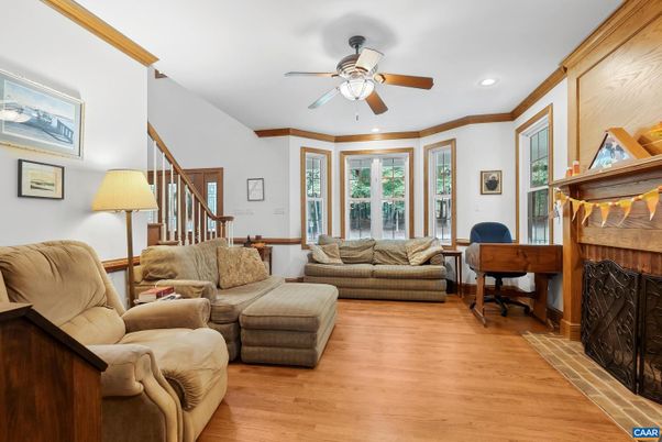 Fireplace, Home Office, Interior, Living room, Recessed Lighting, Wood Texture Flooring