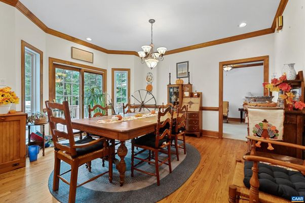Chandelier, Dining room, Interior, Recessed Lighting, Wood Texture Flooring