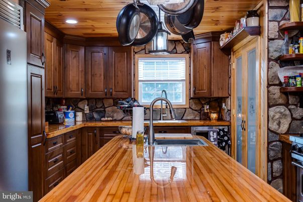 Interior, Kitchen, Recessed Lighting, Stone Walls, Wooden Ceilings, Wood Texture Flooring