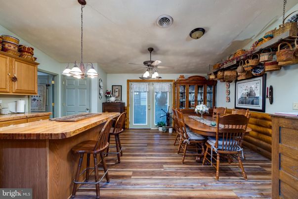 Dining room, Interior, Pendant Lights, Wood Texture Flooring