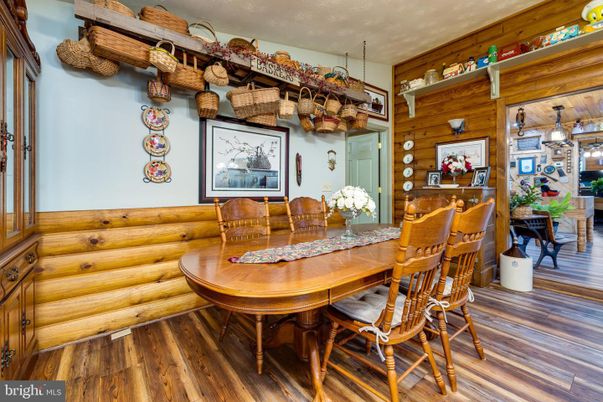 Dining room, Interior, Pendant Lights, Wood Texture Flooring, Wooden Walls