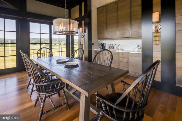 Dining room, Interior, Pendant Lights, Wood Texture Flooring