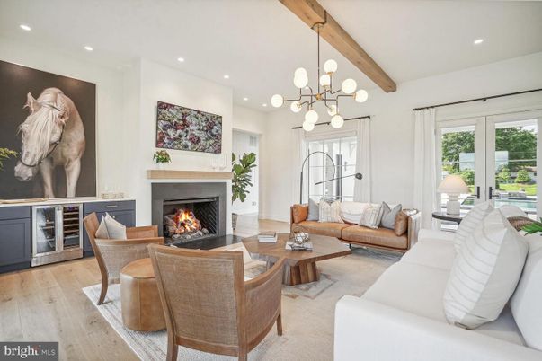 Fireplace, Interior, Living room, Pendant Lights, Recessed Lighting, Wooden Beams, Wood Texture Flooring