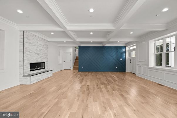 Empty room, Fireplace, Interior, Recessed Lighting, Wood Texture Flooring