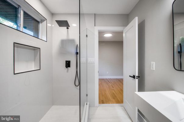 Bathroom, Glass Shower, Interior, Recessed Lighting, Wood Texture Flooring