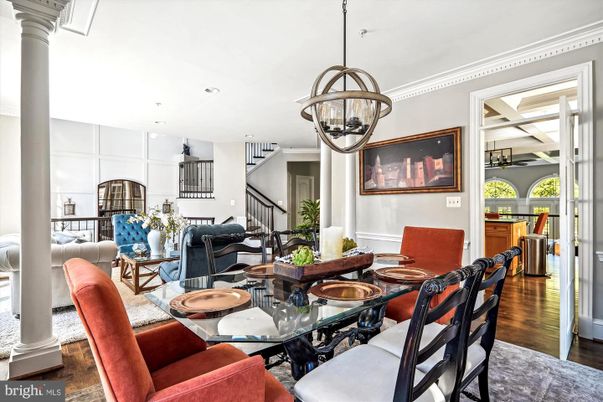 Dining room, Interior, Living room, Pendant Lights, Recessed Lighting, Wood Texture Flooring