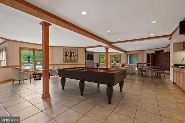 Billiard Table, Game Room, Interior, Living room, Recessed Lighting, Stone Walls, Wooden Beams