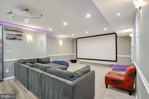 Interior, Projection Screen, Recessed Lighting, Theatre Room, Wood Texture Flooring