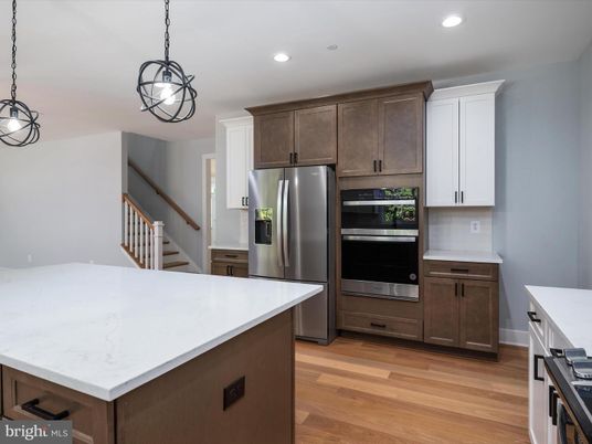 Interior, Kitchen, Pendant Lights, Recessed Lighting, Stainless Steel Appliances, Wood Texture Flooring