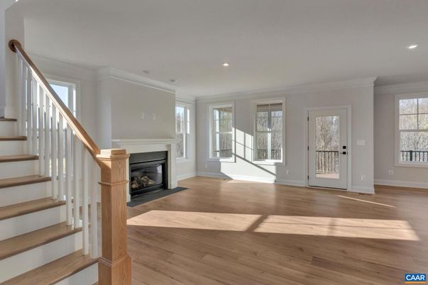 Empty room, Fireplace, Interior, Recessed Lighting, Wood Texture Flooring