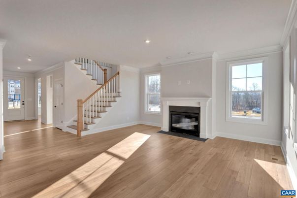 Empty room, Fireplace, Interior, Recessed Lighting, Wood Texture Flooring