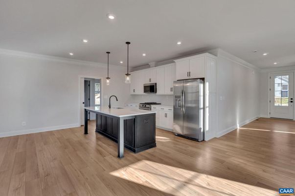 Interior, Kitchen, Pendant Lights, Recessed Lighting, Stainless Steel Appliances, Wood Texture Flooring