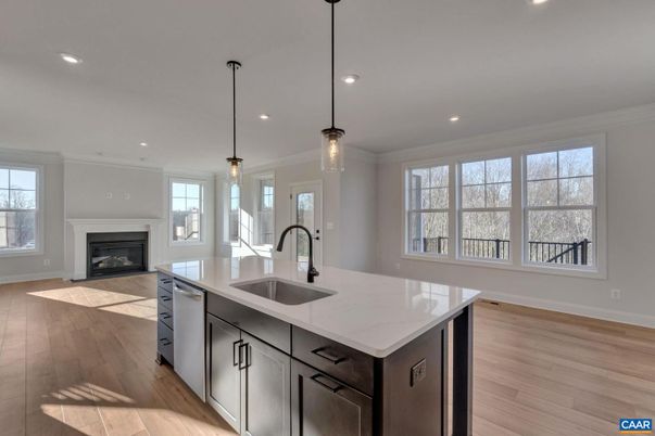 Fireplace, Interior, Kitchen, Pendant Lights, Recessed Lighting, Wood Texture Flooring