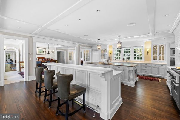 Chandelier, Interior, Kitchen, Pendant Lights, Recessed Lighting, Stainless Steel Appliances, Wood Texture Flooring