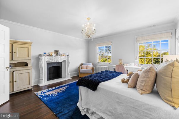 Bedroom, Chandelier, Fireplace, Home Office, Interior, Wood Texture Flooring