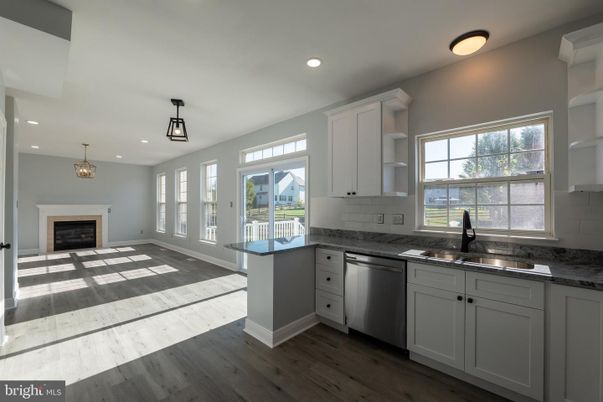 Fireplace, Interior, Kitchen, Pendant Lights, Recessed Lighting, Wood Texture Flooring