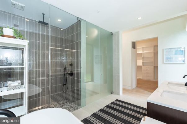 Bathroom, Glass Shower, Interior, Recessed Lighting, Wood Texture Flooring