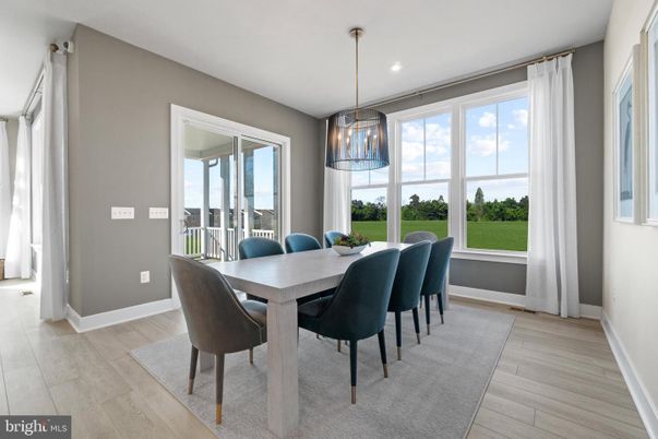 Dining room, Interior, Pendant Lights, Recessed Lighting, Wood Texture Flooring