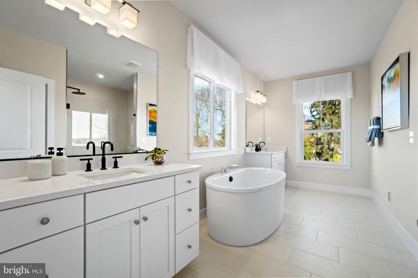 Bathroom, Dual Sink Vanities, Free Standing Baths, Interior, Recessed Lighting, Wood Texture Flooring