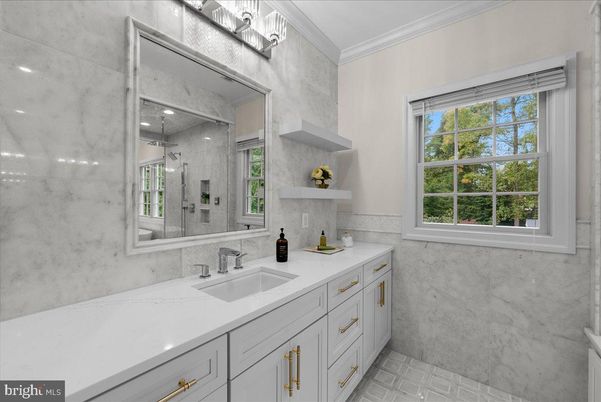 Bathroom, Dual Sink Vanities, Glass Shower, Interior, Marble Walls