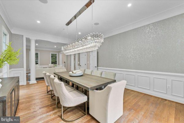 Chandelier, Dining room, Interior, Living room, Recessed Lighting, Wood Texture Flooring