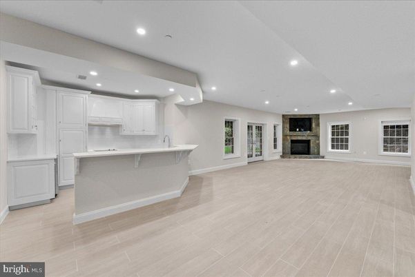 Fireplace, Interior, Kitchen, Recessed Lighting, Wood Texture Flooring