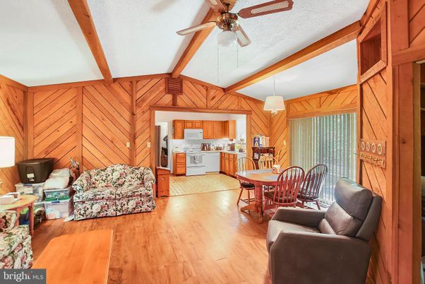 Dining room, Interior, Kitchen, Pendant Lights, Wooden Beams, Wood Texture Flooring, Wooden Walls