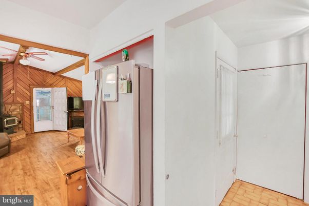 Fireplace, Interior, Kitchen, Wood Texture Flooring, Wooden Walls