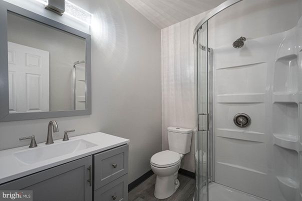 Bathroom, Glass Shower, Interior, Wood Texture Flooring