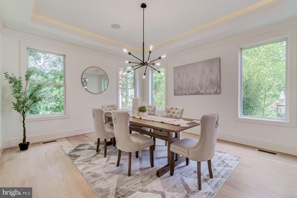 Dining room, Interior, Pendant Lights, Wood Texture Flooring