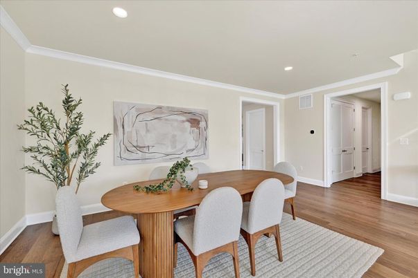 Dining room, Interior, Recessed Lighting, Wood Texture Flooring