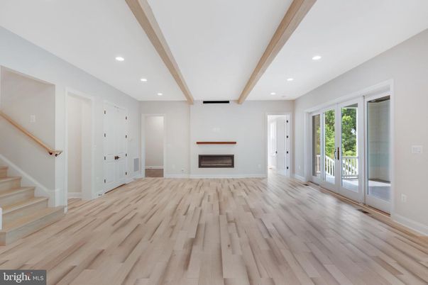 Empty room, Fireplace, Interior, Recessed Lighting, Wooden Beams, Wood Texture Flooring