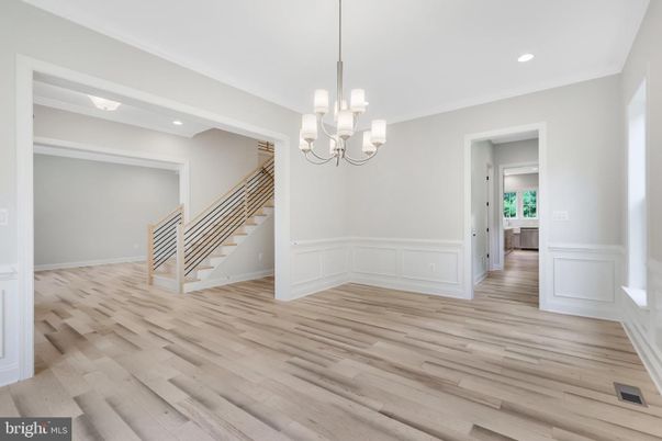 Chandelier, Empty room, Interior, Recessed Lighting, Wood Texture Flooring