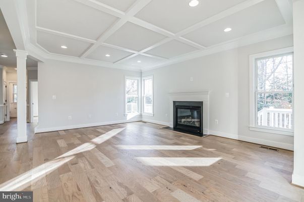 Empty room, Fireplace, Interior, Recessed Lighting, Wood Texture Flooring