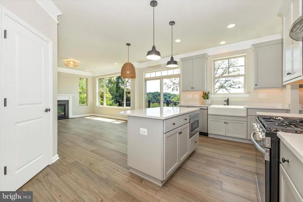 Fireplace, Interior, Kitchen, Pendant Lights, Recessed Lighting, Wood Texture Flooring