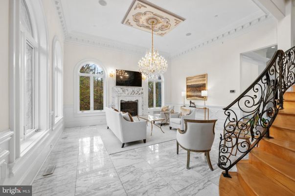 Chandelier, Fireplace, Interior, Living room, Marble, Recessed Lighting